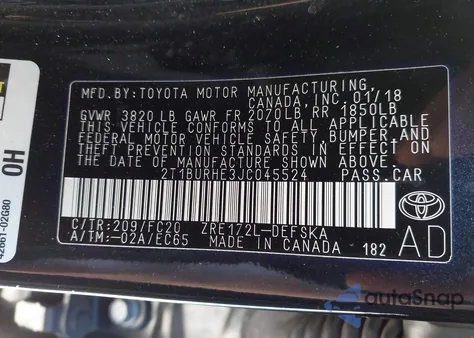 2018 Toyota Corolla Se из США, поврежденный, VIN 2T1BURHE3JC045524